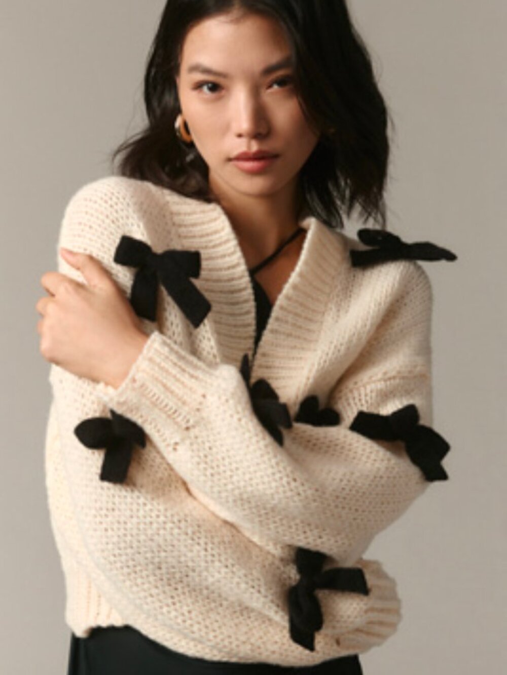 Maeve Anthropologie Sweater Cream Black Bows One Size NWT
